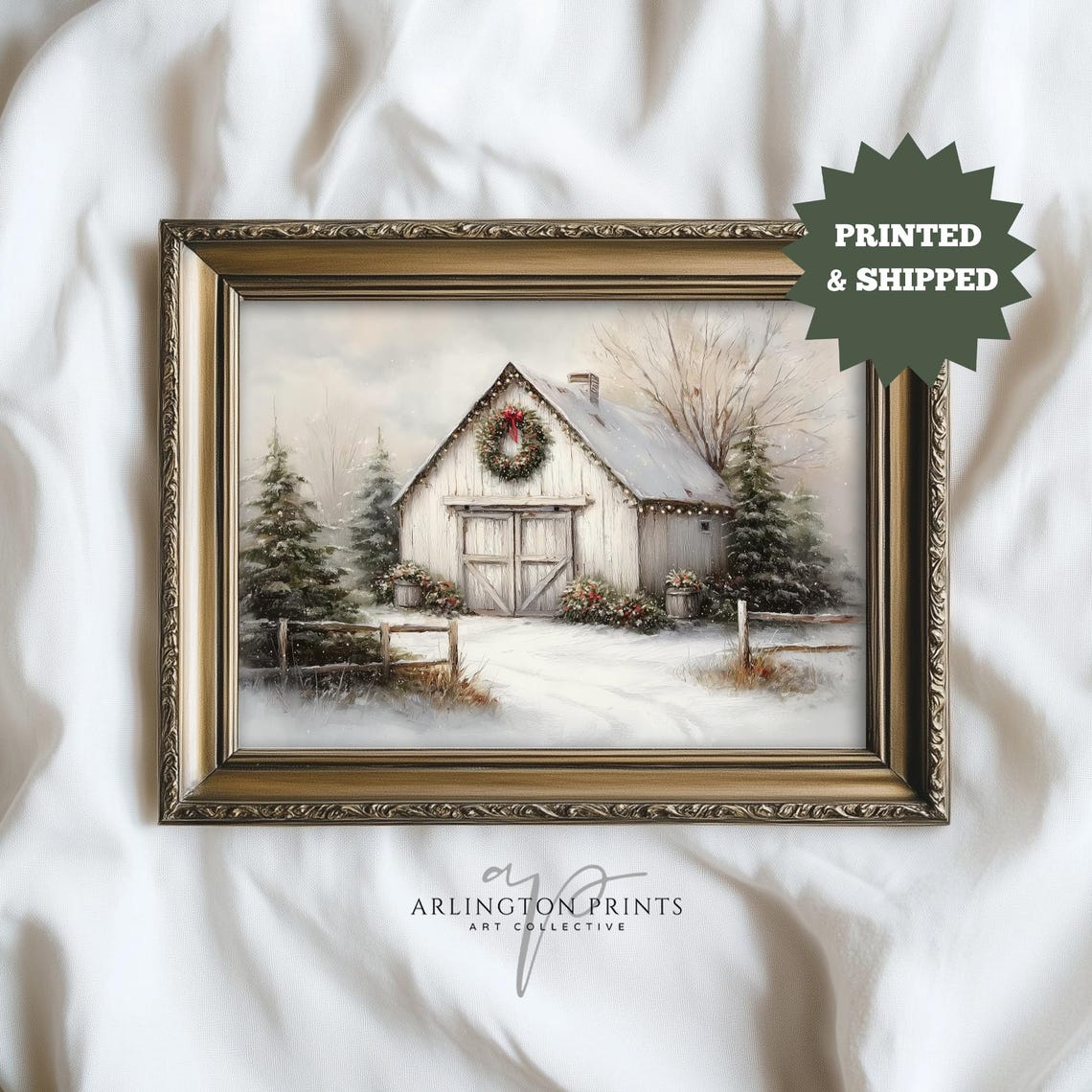 White Christmas Barn With Wreath In Snowy Winter Scene Poster