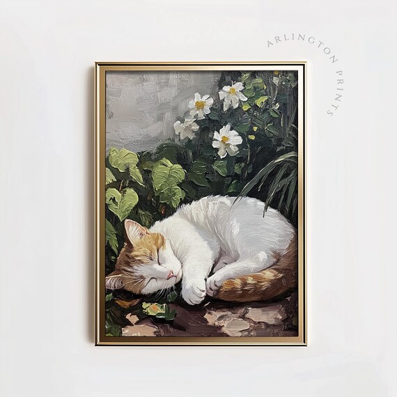 Sleeping Orange White Cat Among Flowers Oil Painting Garden Decor Poster