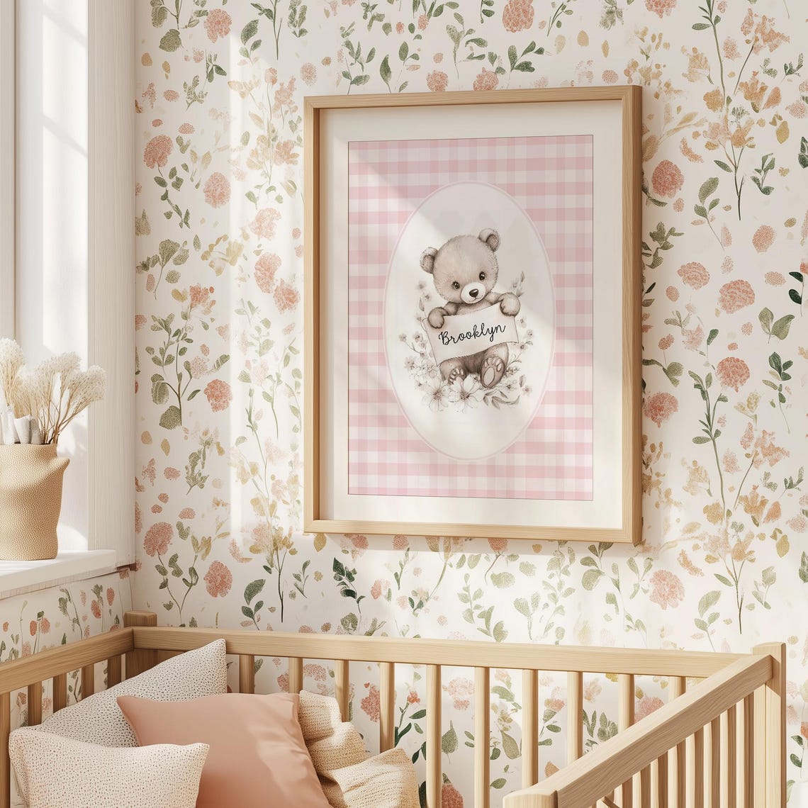 Custom Name Teddy Bear with Pink Ribbon Bow Gingham Nursery Poster - Image 4