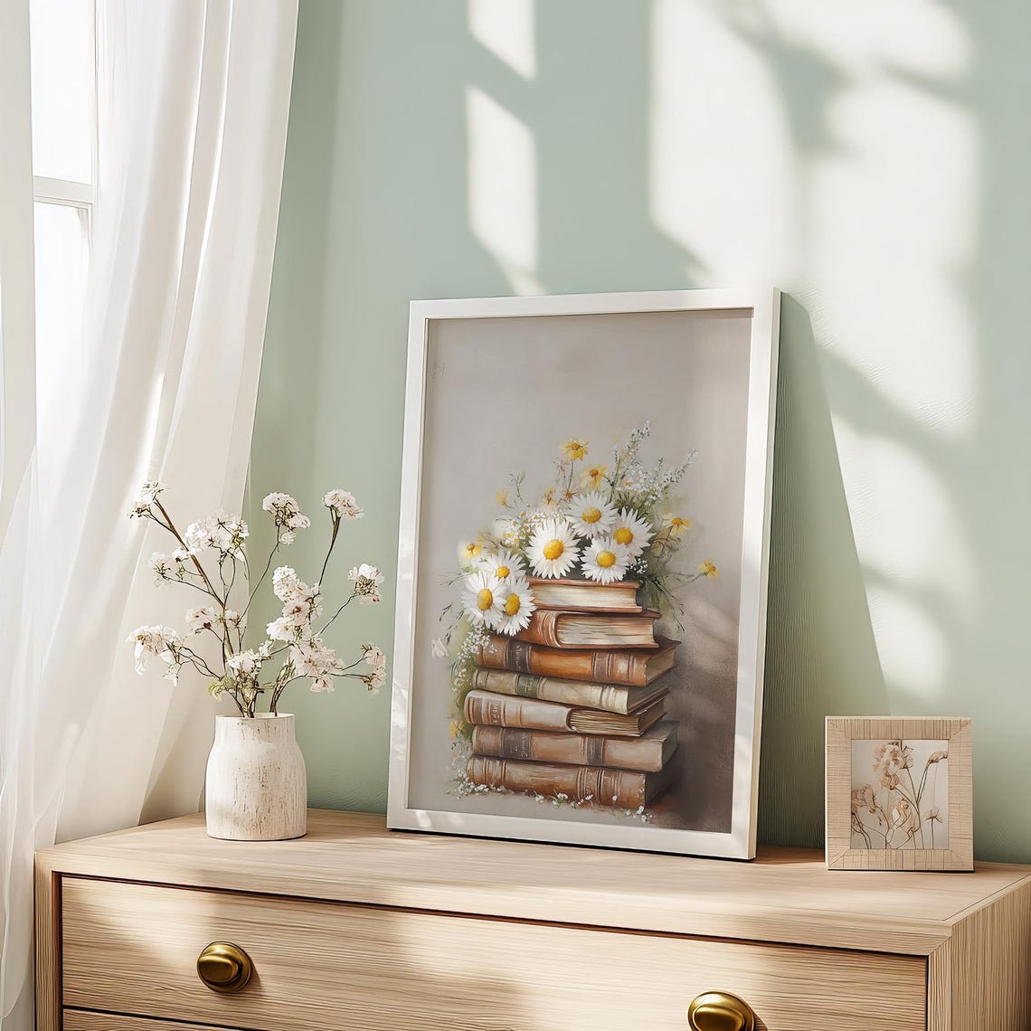 Vintage Books Daisy Bouquet Still Life Library Decor Art Print - Image 4