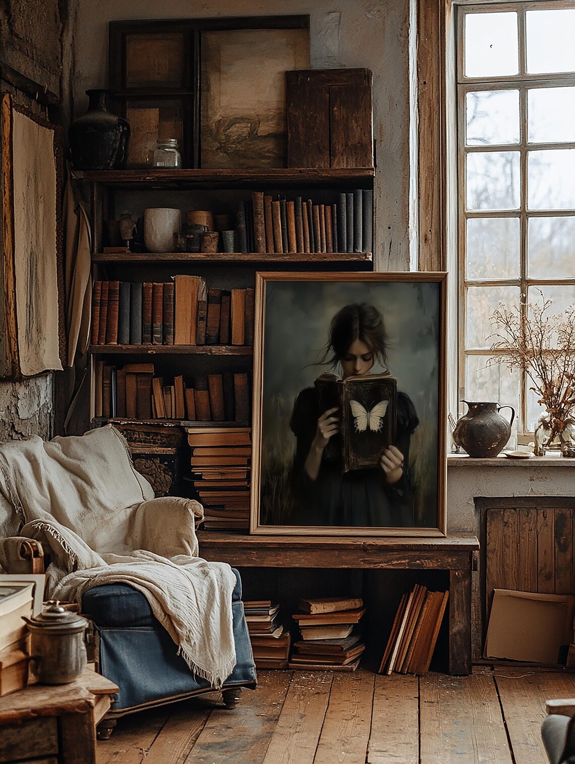 Dark Academia Woman Reading an Ornate Butterfly Book in Gold Frame Poster - Image 2