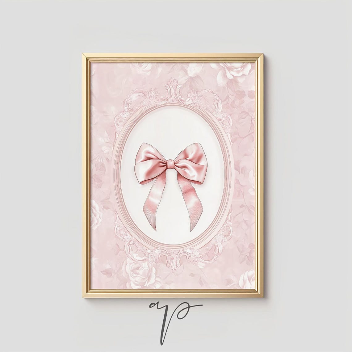 Pink Satin Bow Rococo Oval Frame Grandmillennial Girly Poster