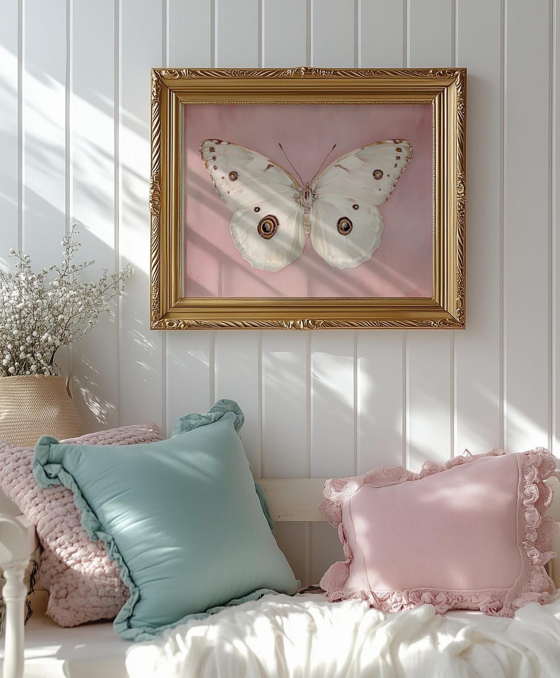 White Butterfly Pink Background Botanical Elegant Style Poster - Image 3