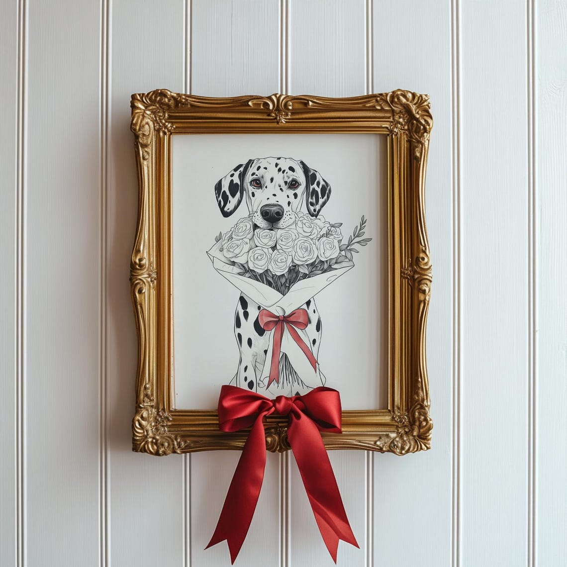 Dalmatian Dog White Rose Bouquet Red Bow Sketch Animal Print - Image 2