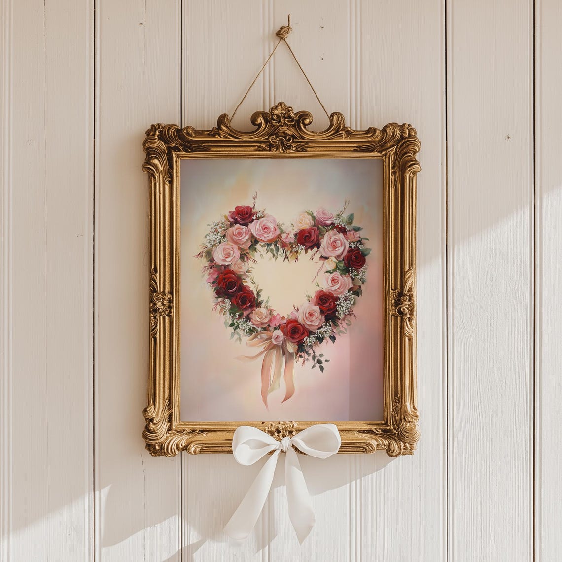 Heart Rose Wreath Ribbon Red Pink Blossoms Romantic Art Print - Image 3
