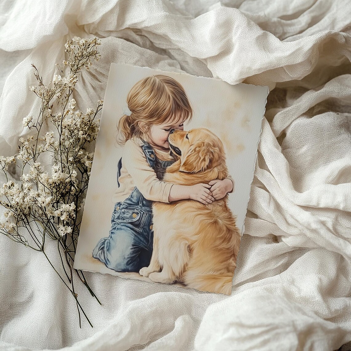 Little Girl Hugging Golden Retriever Puppy Tender Watercolor Poster - Image 2