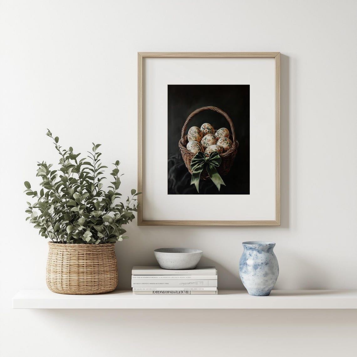 Floral Easter Eggs Wicker Basket Green Bow Moody Dark Spring Print - Image 3