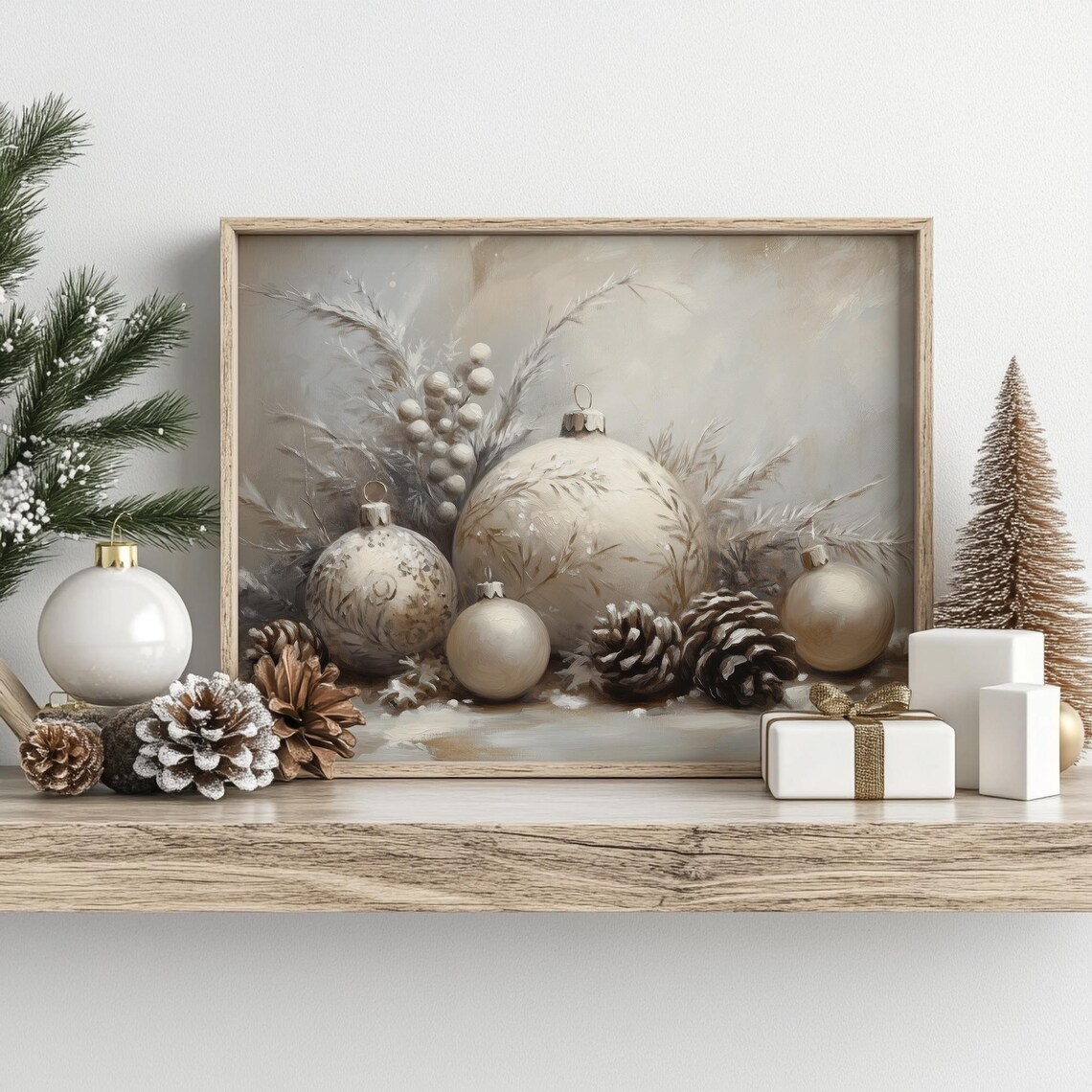 White Champagne Ornaments Pinecones Frosted Ferns Still Life Poster - Image 4