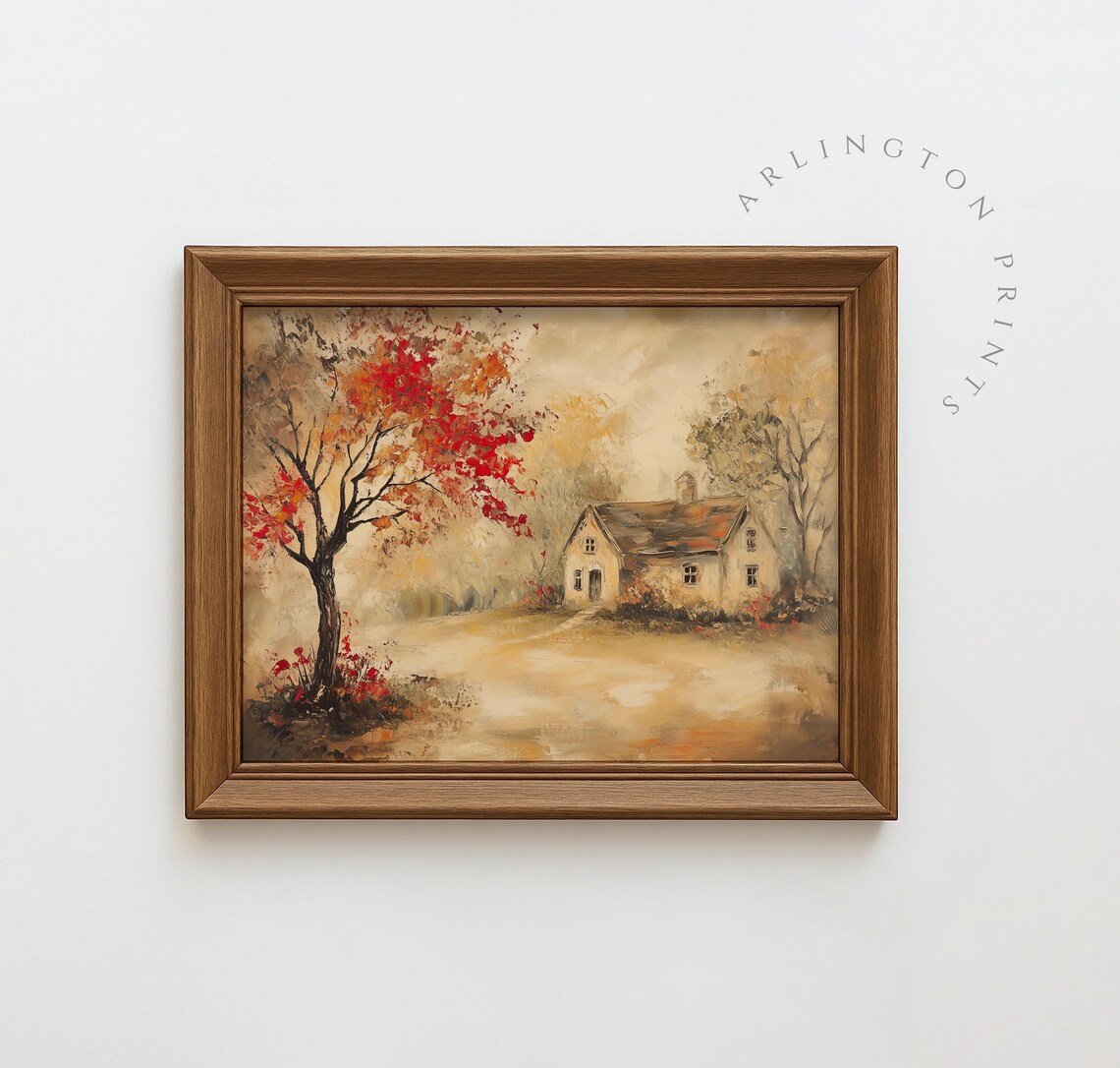 Country Cottage In Autumn Red Tree Vintage Warm Tone Fall Art Print