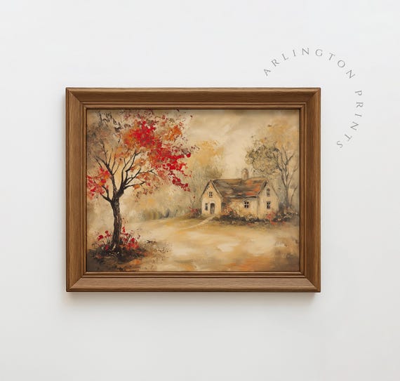 Vintage Neutral Cottage Fall Art Print Moody Warm Tone Decor Autumn Painting Country Farmhouse Wall C11