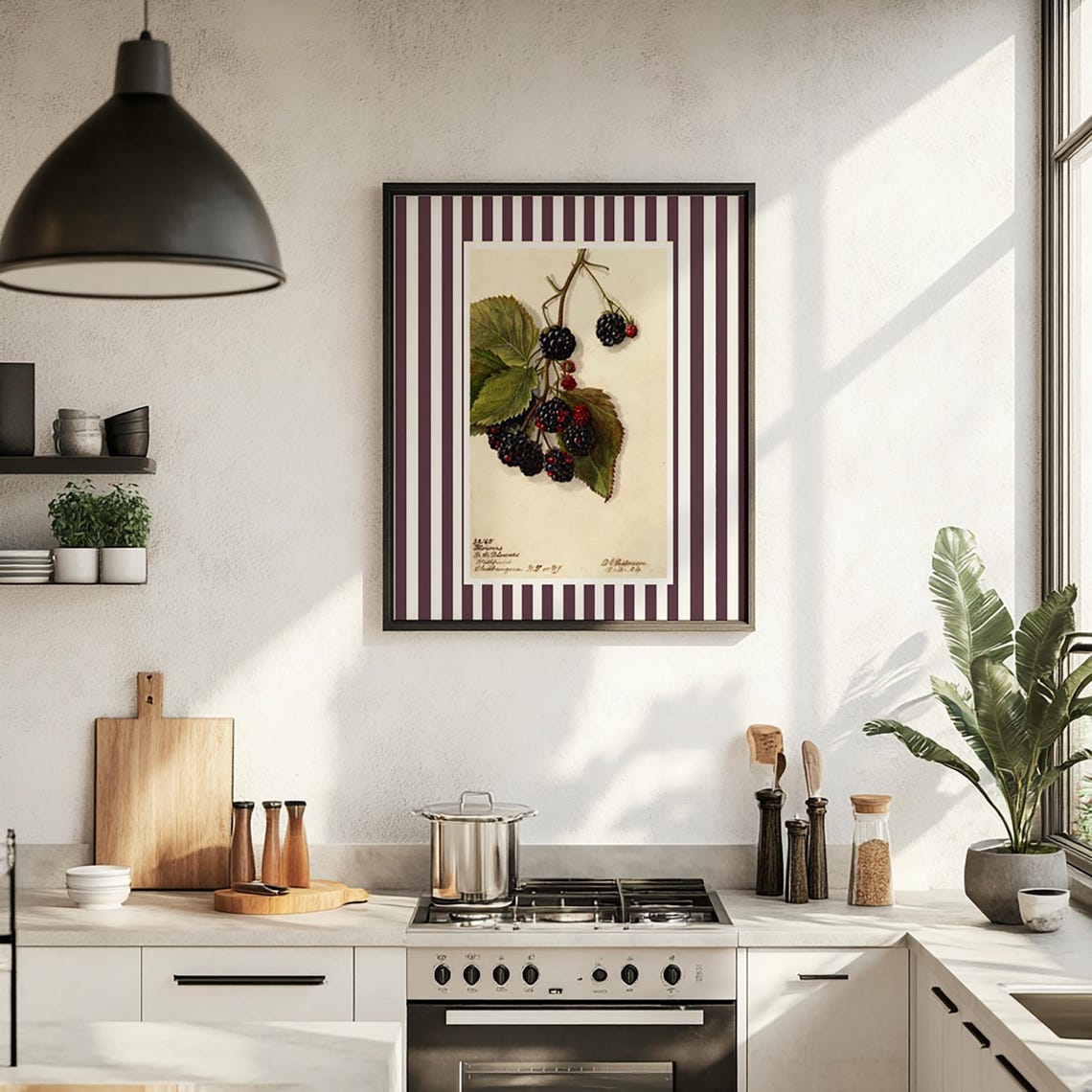 Blackberry Botanical Vintage Fruit Illustration Plum Stripe Poster - Image 3