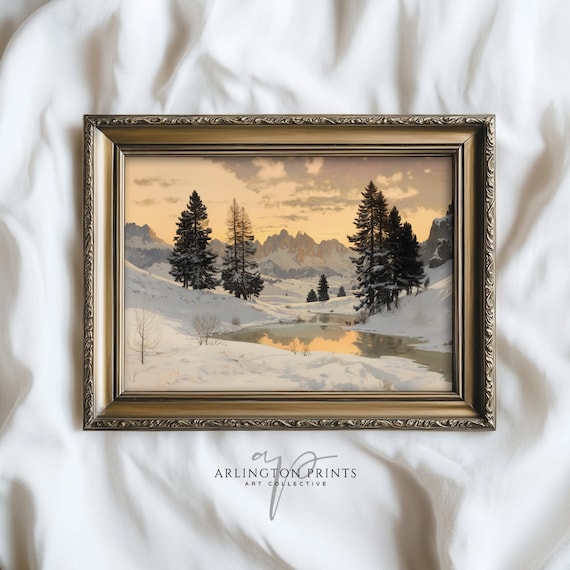 Vintage Winter Sunset Over a Snowy Mountain Valley Stream Poster