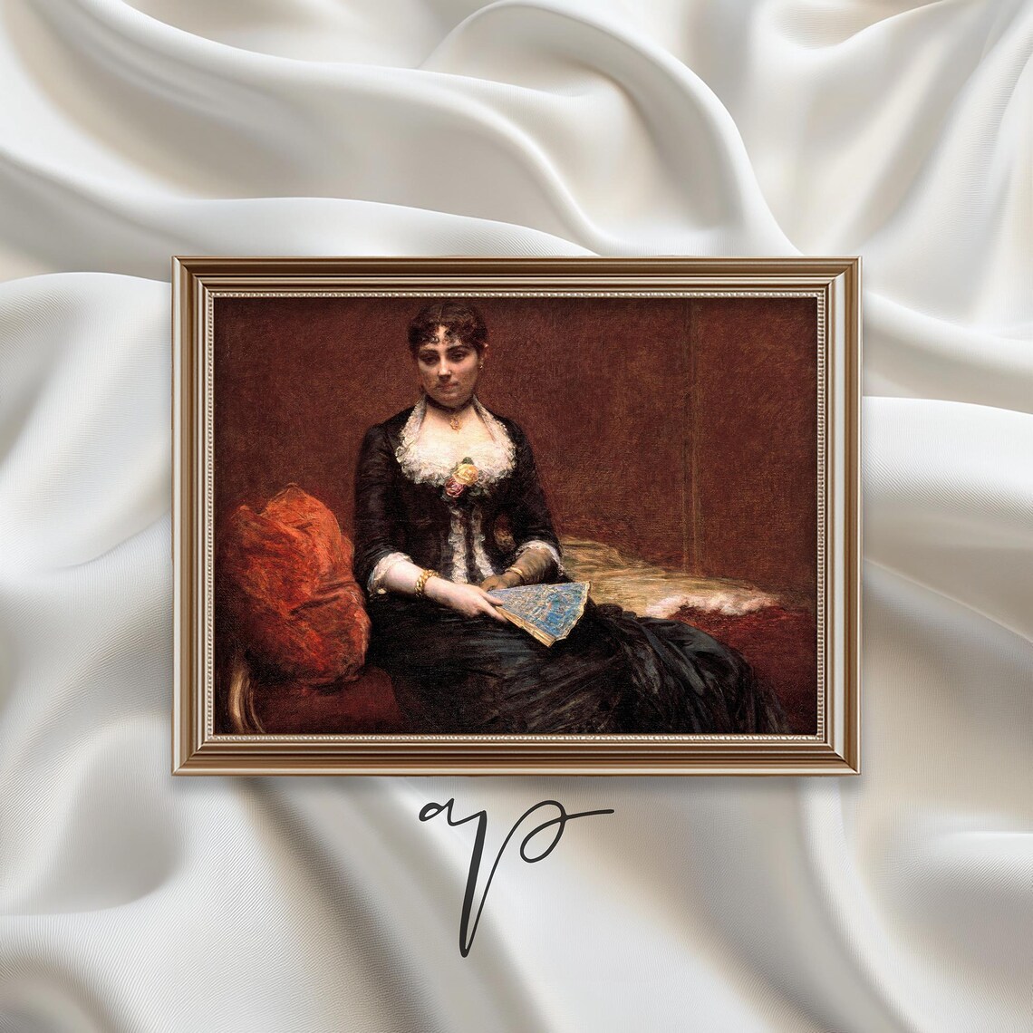 Elegant Victorian Woman Portrait With Fan Moody Oil Painting Poster