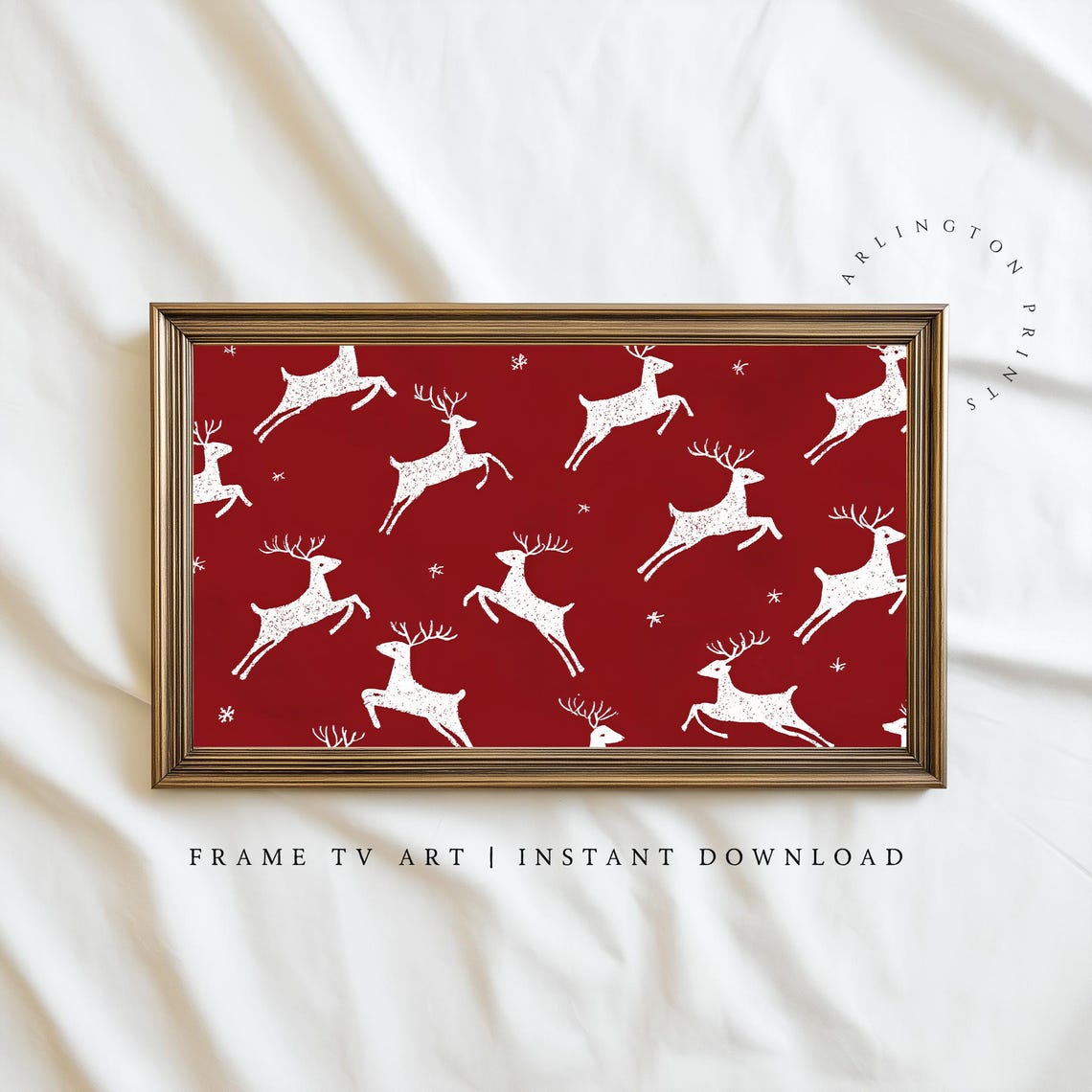 White Reindeer Pattern On Red Festive Christmas Frame Poster