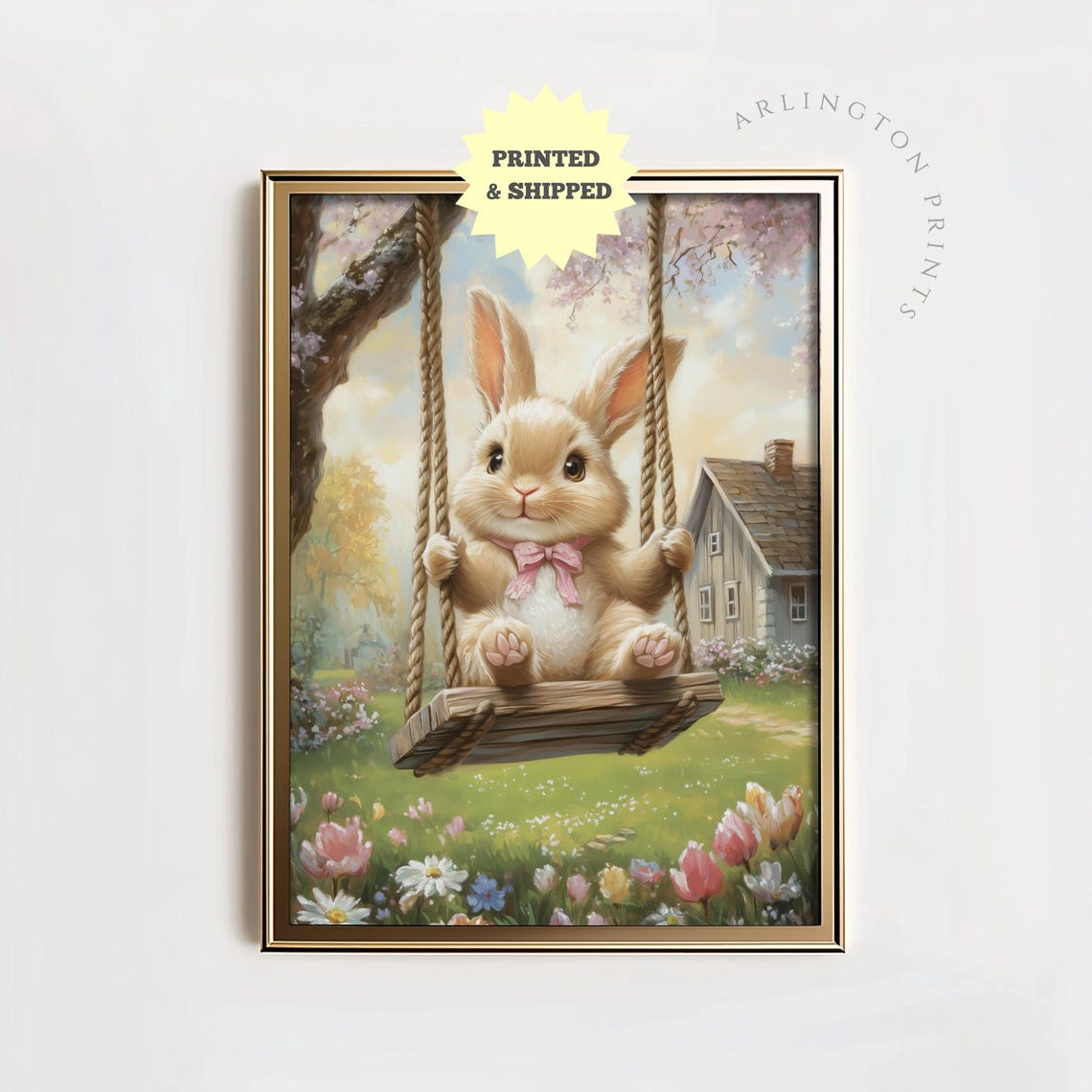 Sweet Bunny On A Swing Pastel Floral Spring Garden Nursery Poster