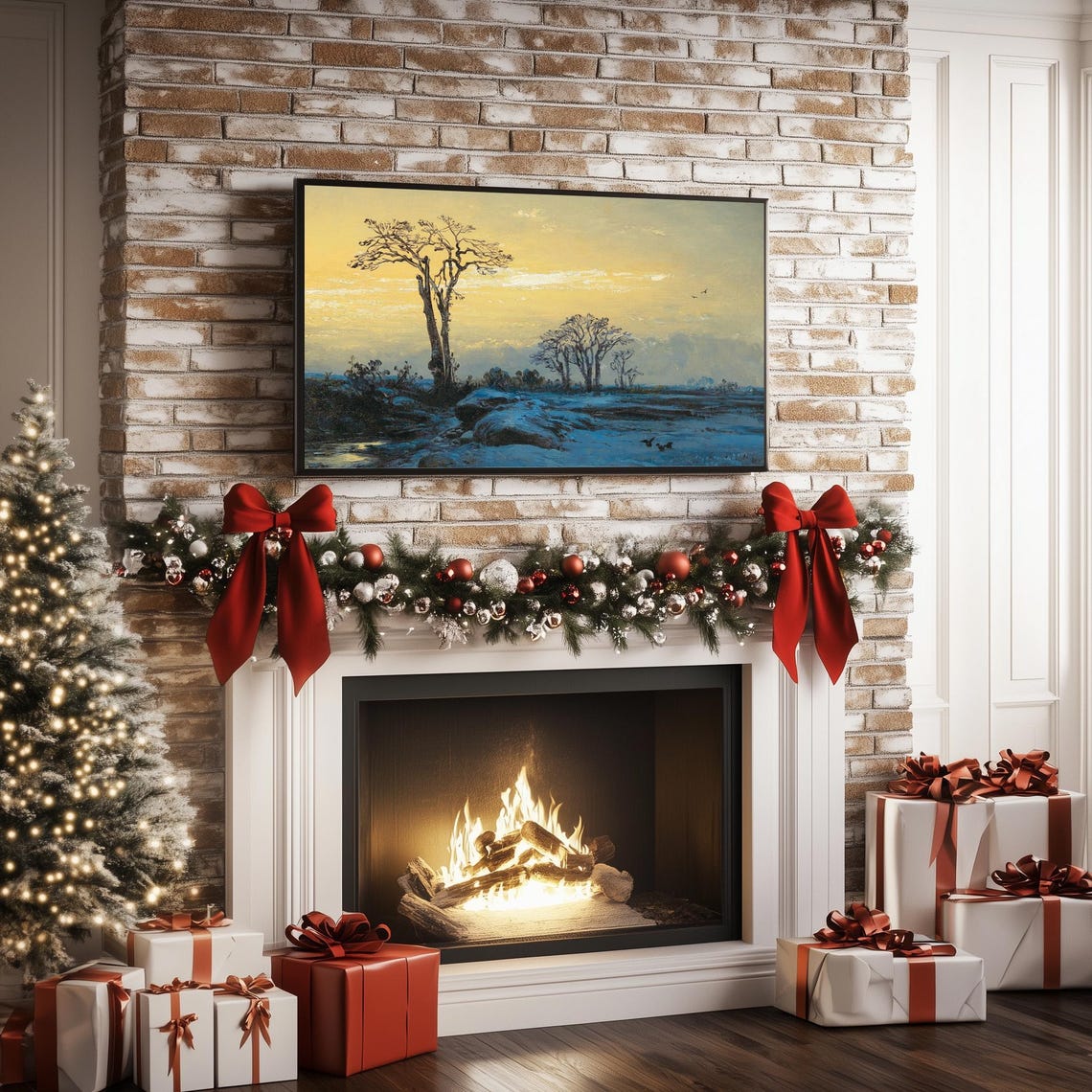 Vintage Winter Sunset Snowy Field Golden Sky Landscape Poster - Image 2