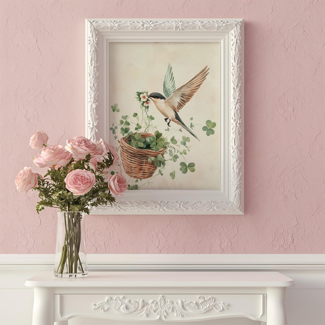 Swallow Bird Flower Clover Basket Watercolor Spring Nature Print - Image 3