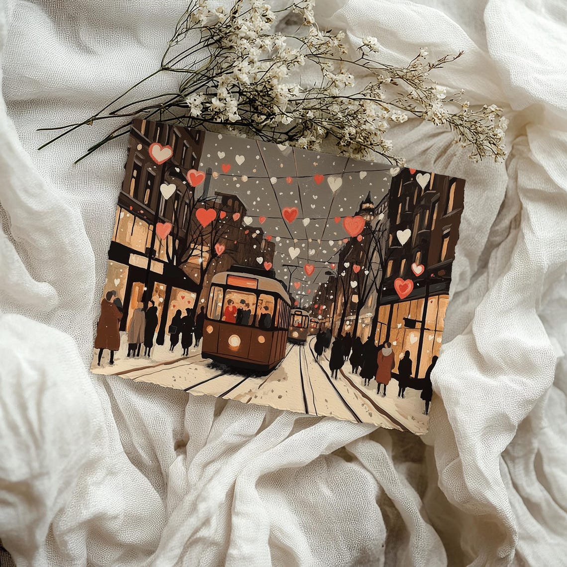 Vintage Tram City Street Floating Hearts Winter Evening Poster - Image 4