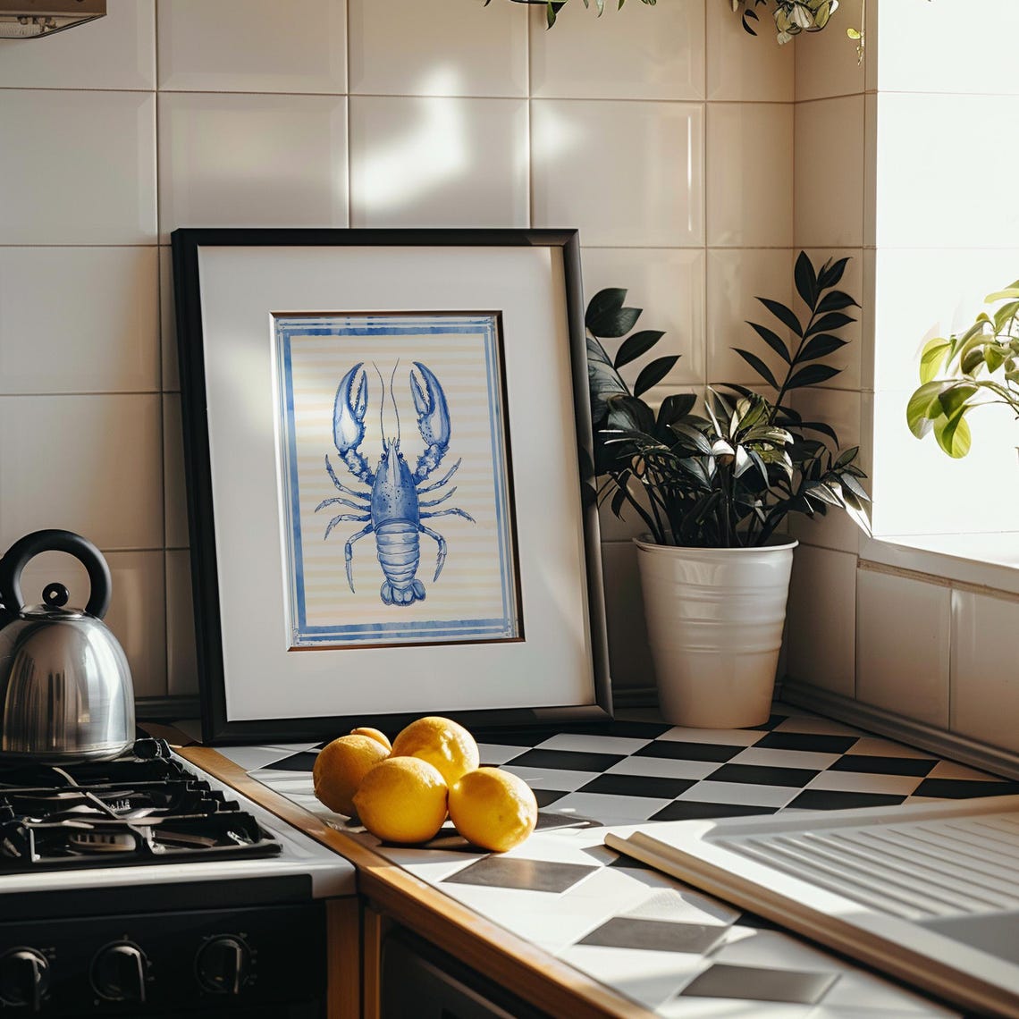 Blue Lobster Watercolor Sea Life Striped Nautical Coastal Poster - Image 4