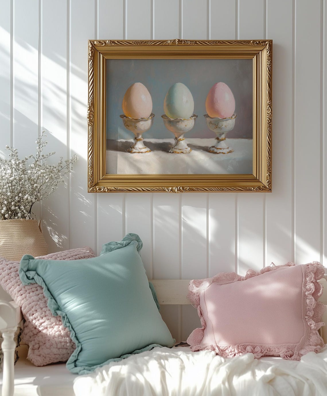 Three Soft Pastel Easter Eggs Vintage Egg Cups Spring Art Print - Image 4
