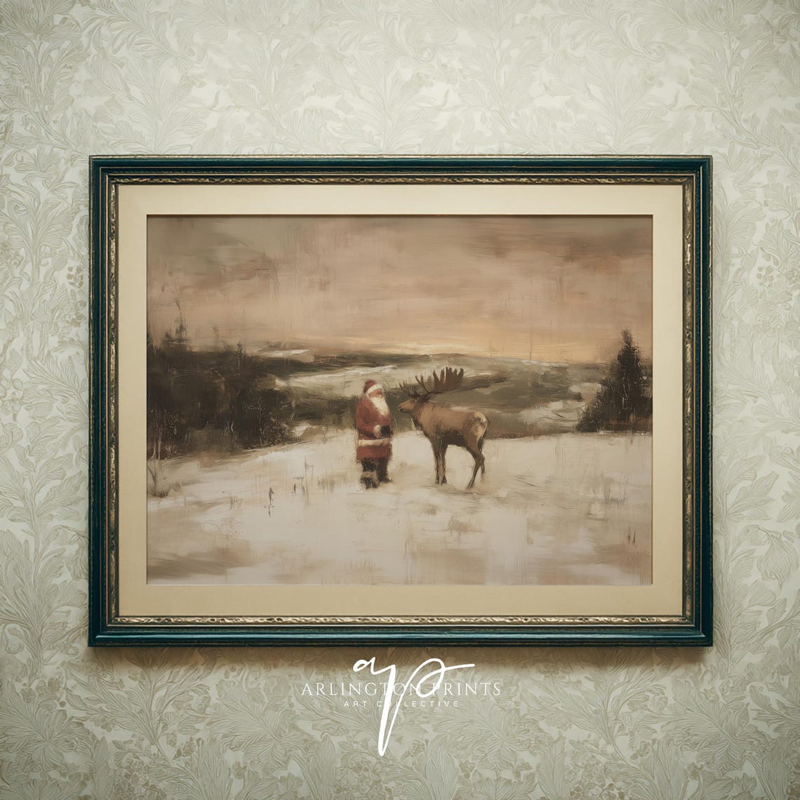 Santa Claus With Reindeer Vintage Snowy Landscape Christmas Poster