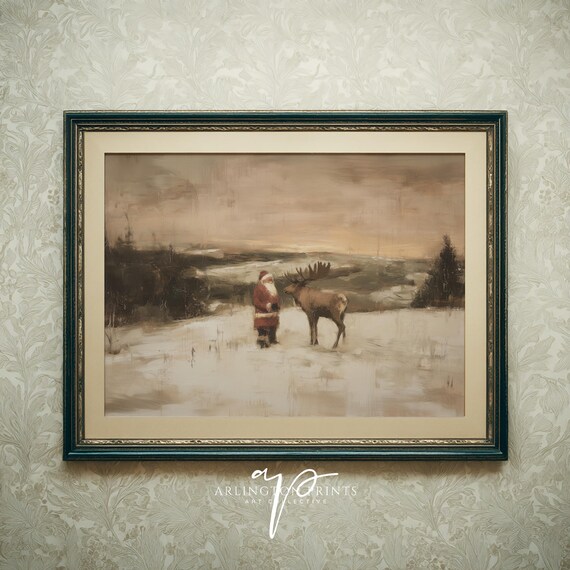 Santa Claus With Reindeer Vintage Snowy Landscape Christmas Poster