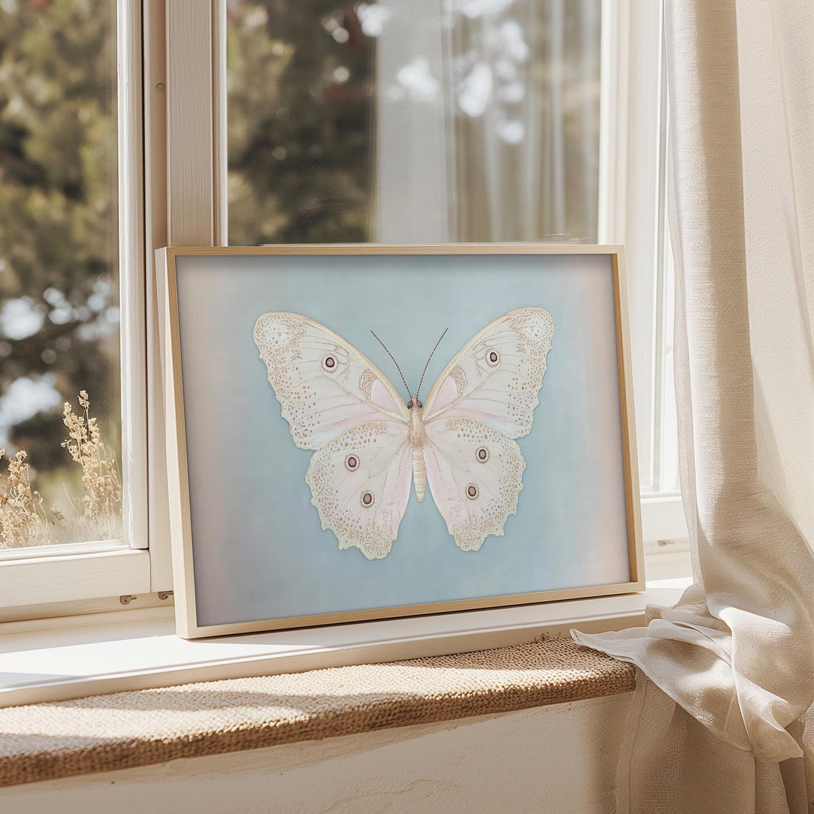 White Butterfly Specimen On Pale Blue Vintage Insect Art Poster - Image 3