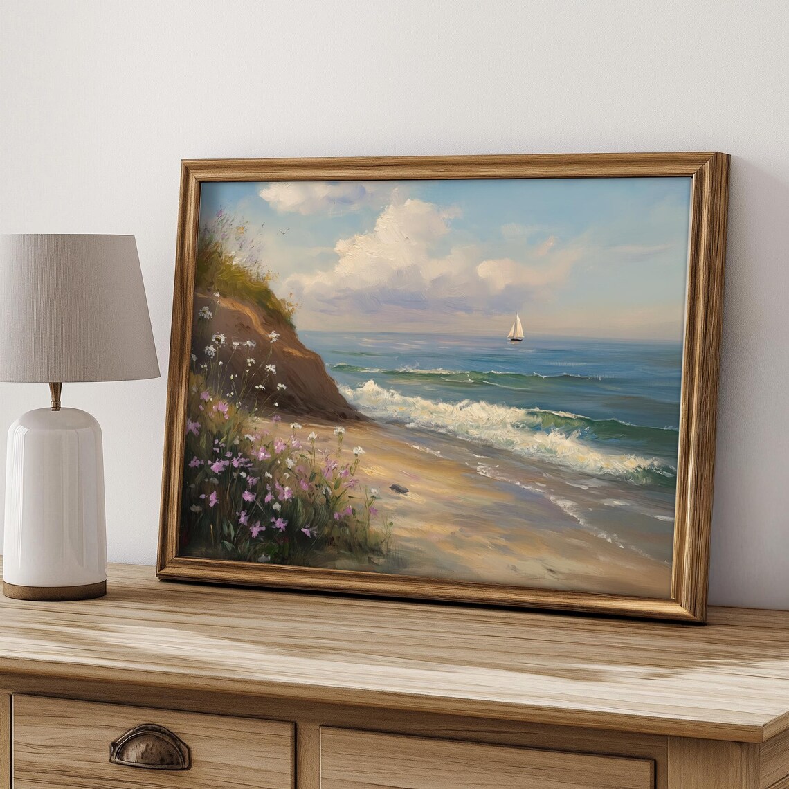 Seascape Sailboat Beach Cliff Wildflowers Serene Coastal Art Poster - Image 3