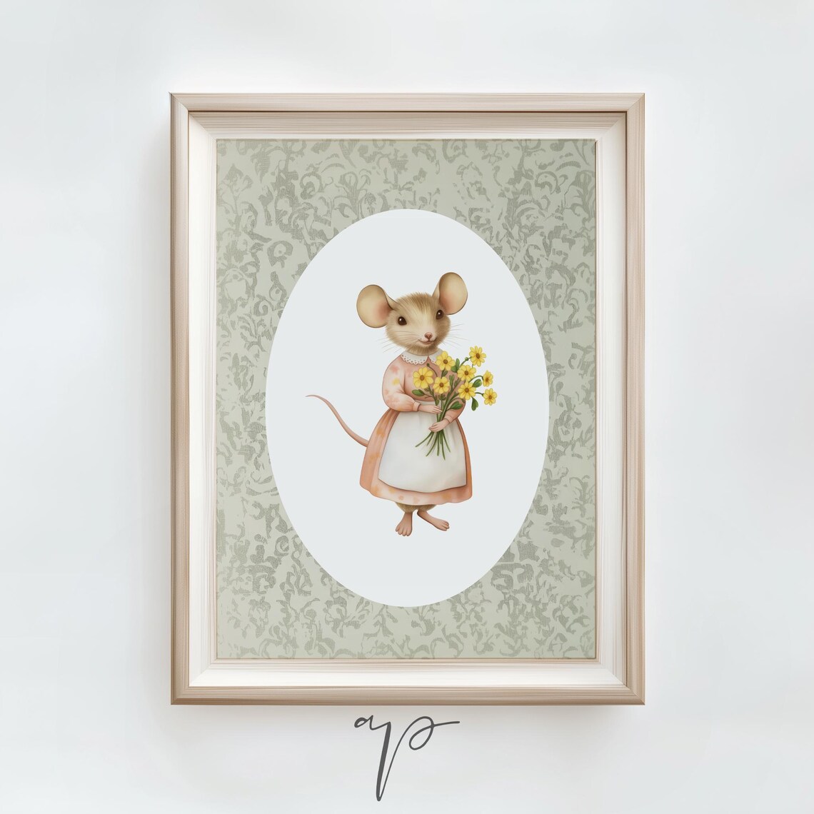 Mother Mouse Holding Yellow Flowers On Sage Floral Nursery Poster - Image 2