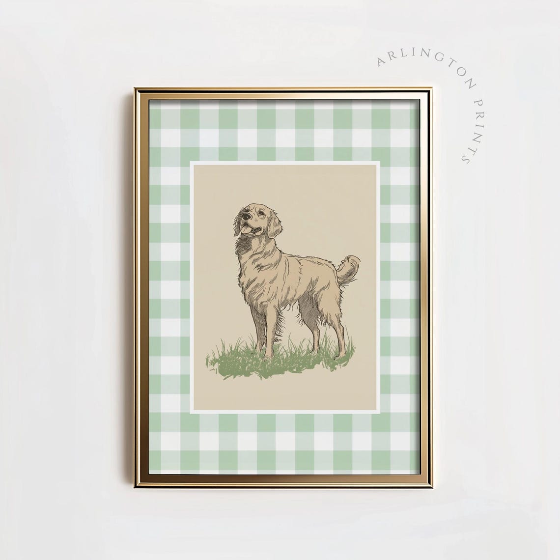 Vintage Golden Retriever Sketch On Green Gingham Nursery Poster
