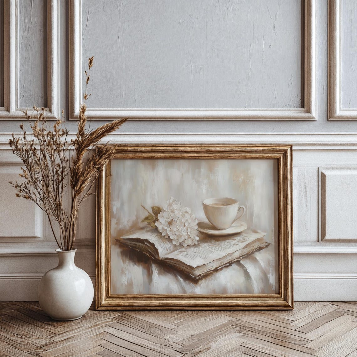 Open Vintage Book with Tea Cup and White Hydrangea Cozy Still Print - Image 3