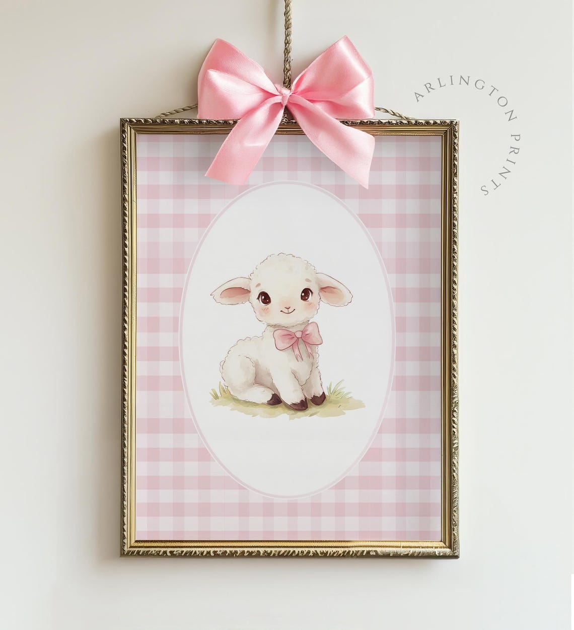 Sweet Lamb with Pink Bow on Gingham Cute Nursery Animal Art Poster