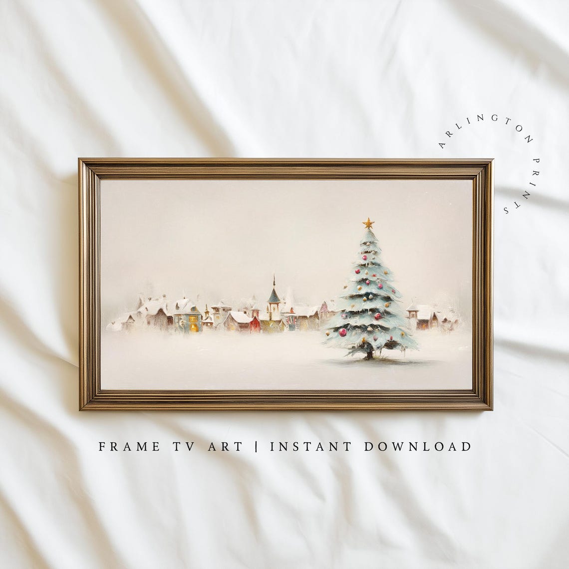 Snowy Christmas Tree Festive Village Holiday Scene Tv Frame Art Print