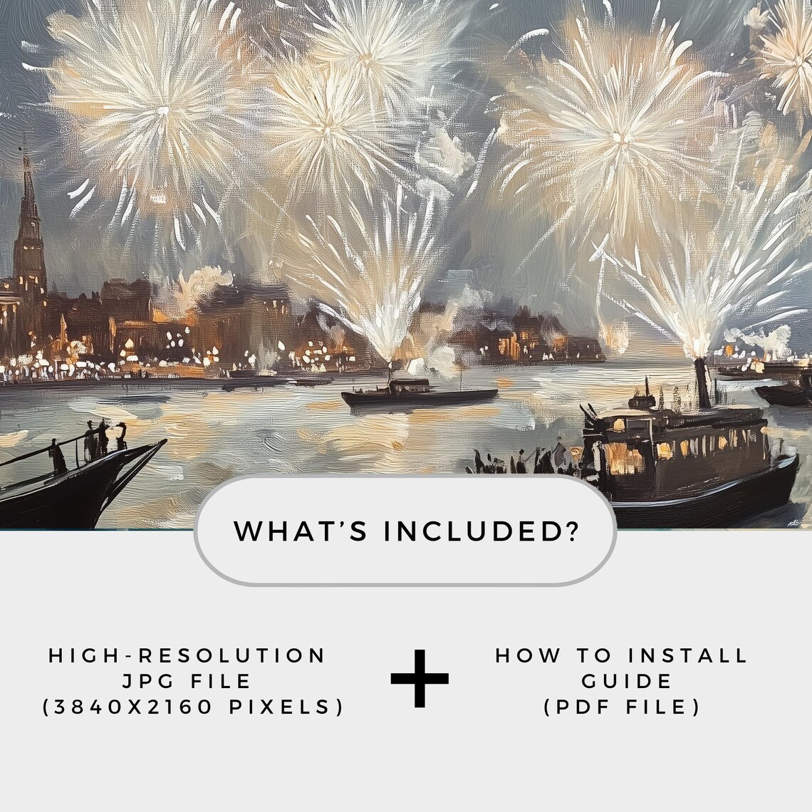New Year Fireworks Over Harbor Night Boats Oil Painting Poster - Image 2