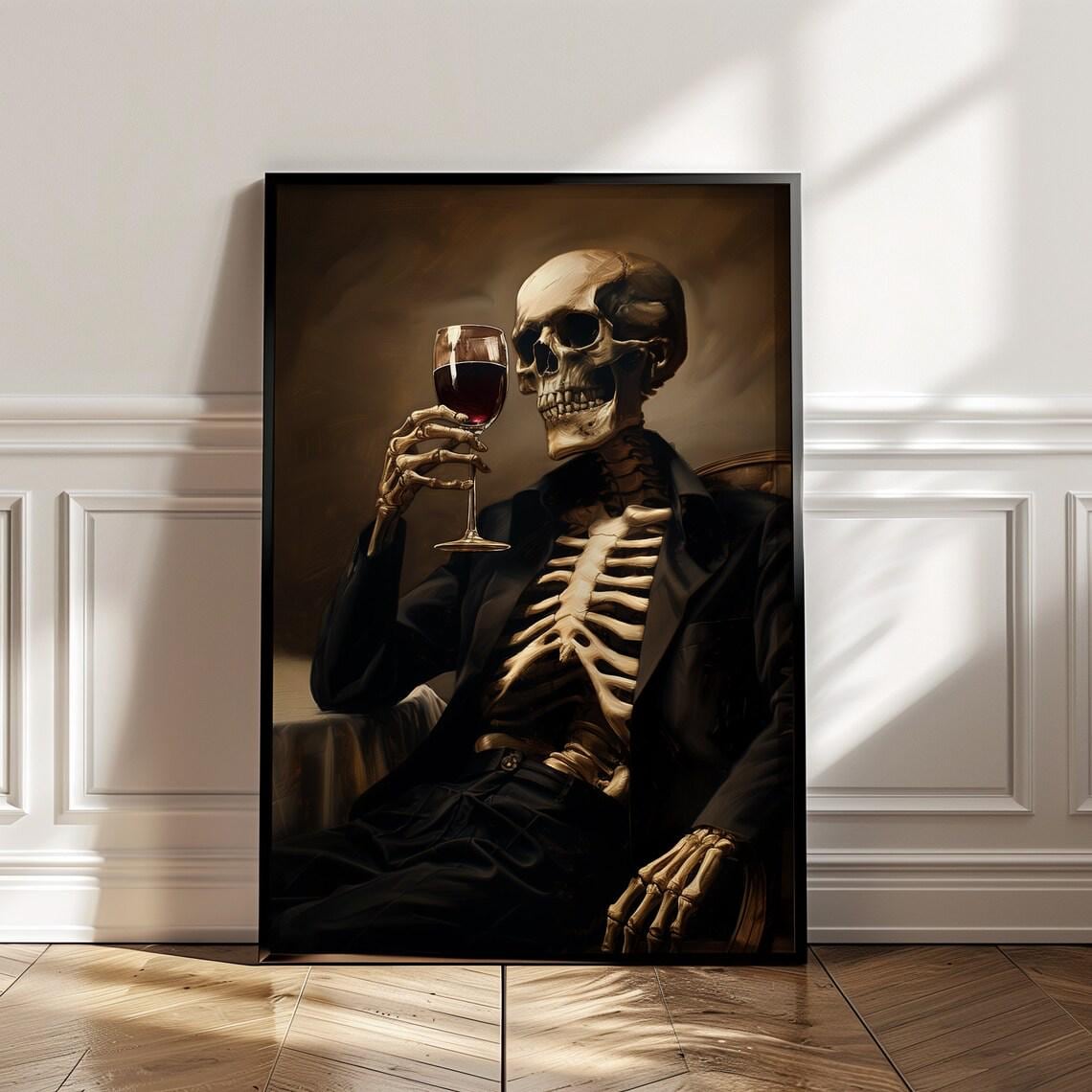 Skeleton Drinking Wine Halloween Art Print, Bar Cart Decor