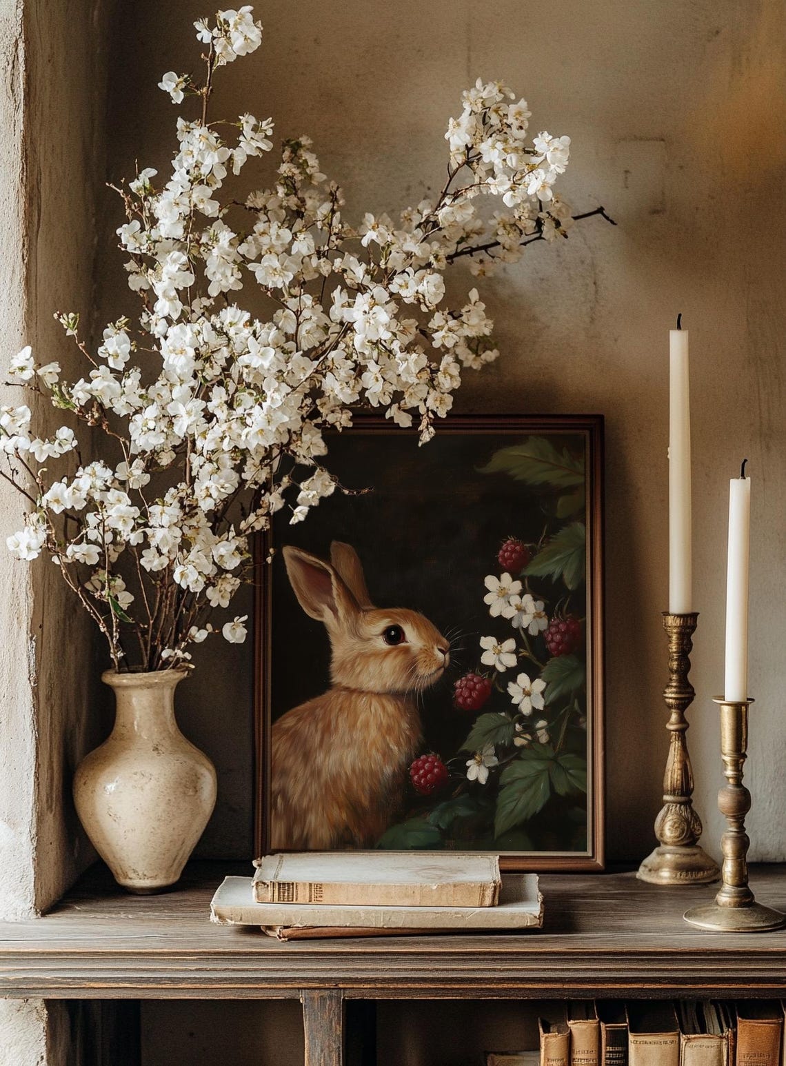 Brown Bunny Raspberry Blossoms Moody Dark Vintage Art Poster - Image 3