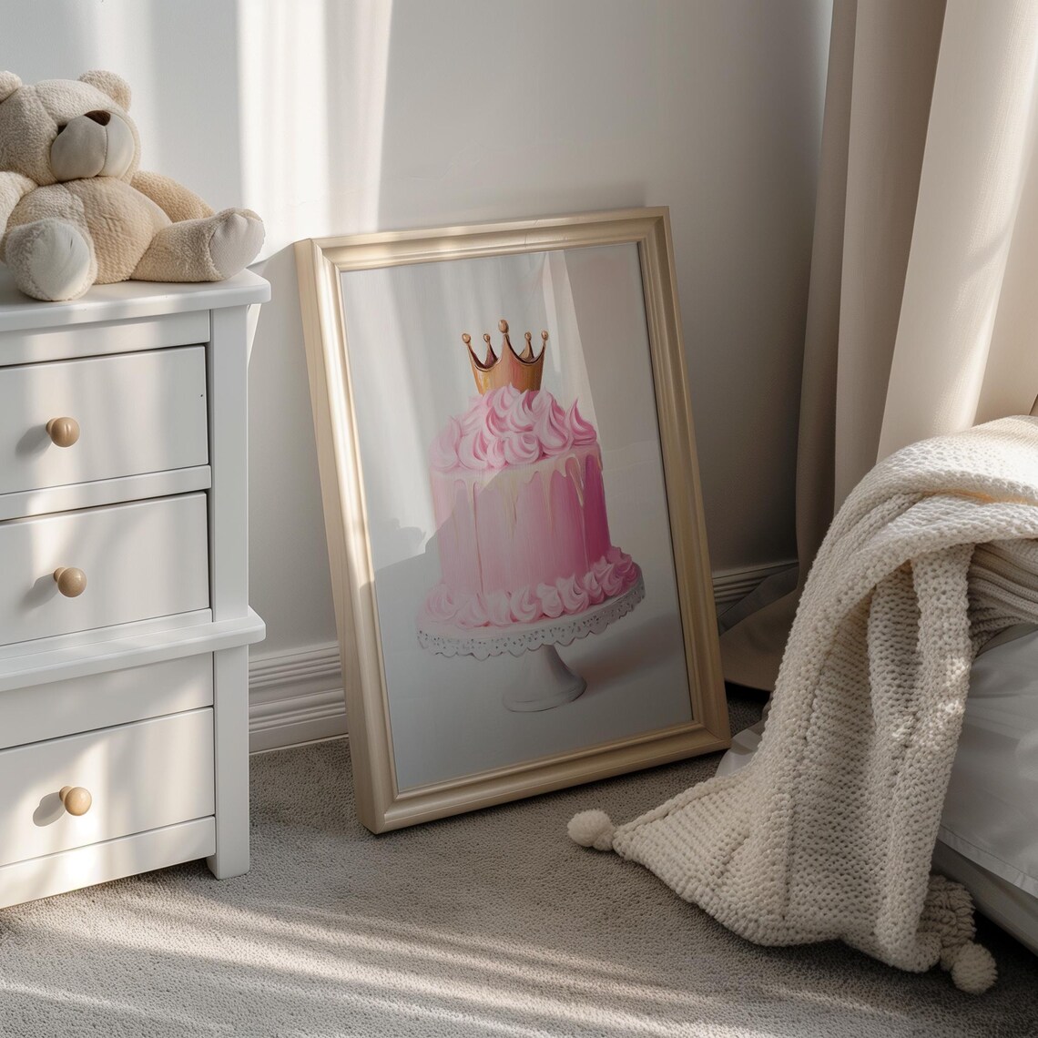Pink Birthday Cake Gold Crown Swirl Frosting Sweet Treat Print - Image 2