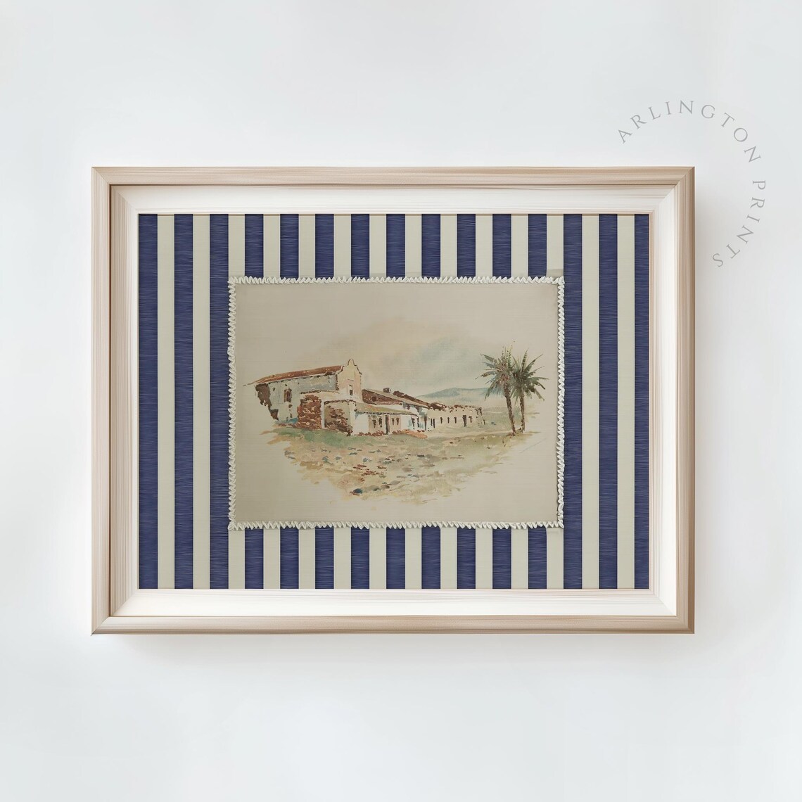 Mediterranean Villa Watercolor Coastal Farmhouse Navy Stripe Border Poster