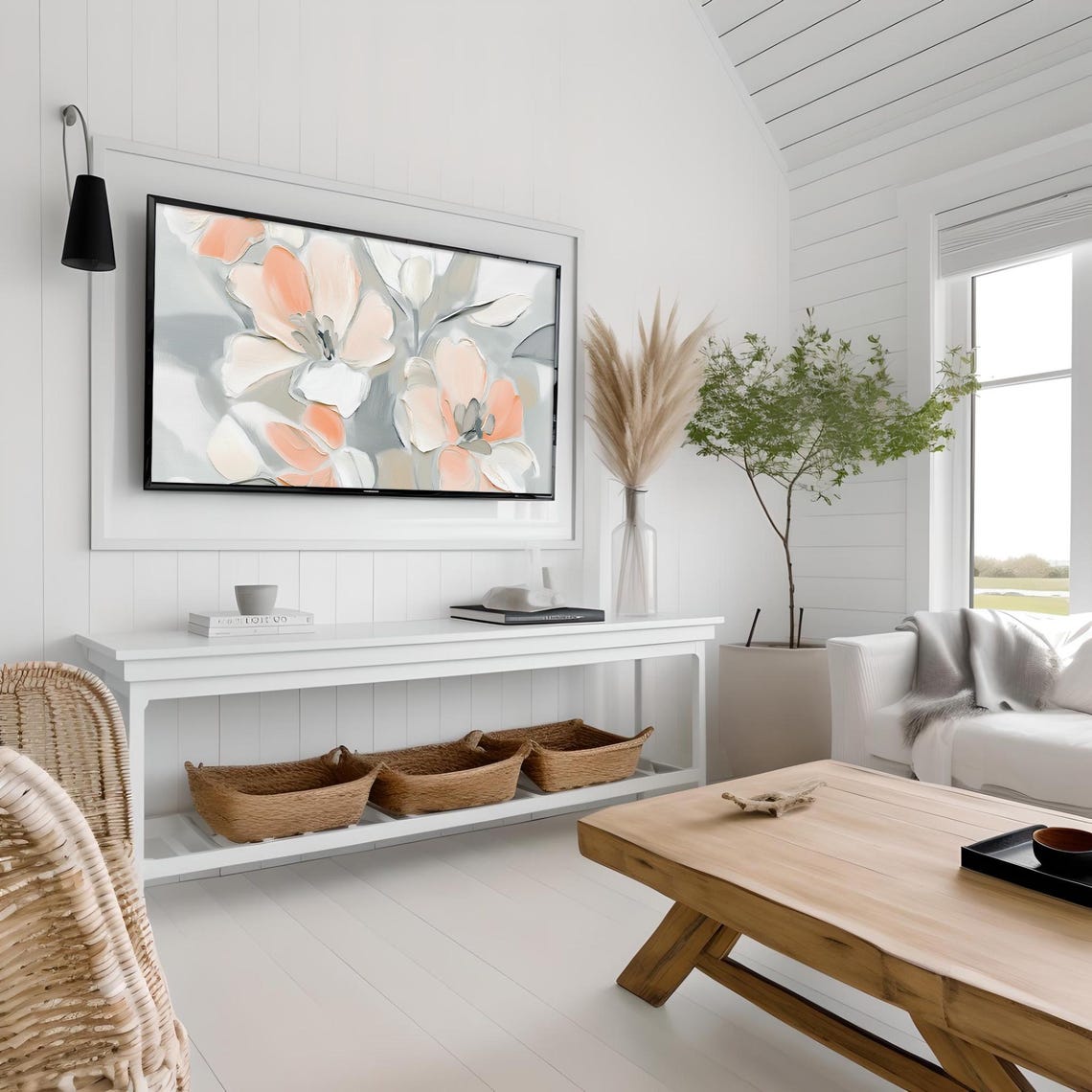 Blush Peach Abstract Floral Painting Frame TV Display Wall Art - Image 6