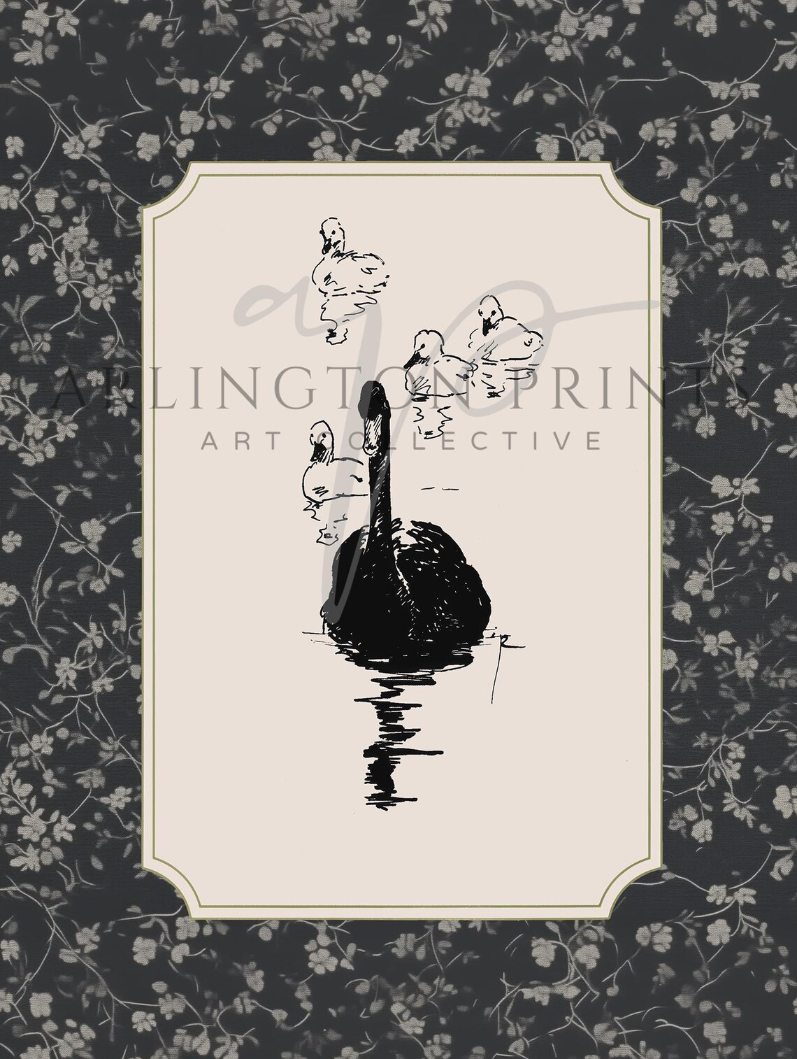 Black Swan Mother and Cygnets Ink Sketch on Dark Floral Decor Poster - Image 2