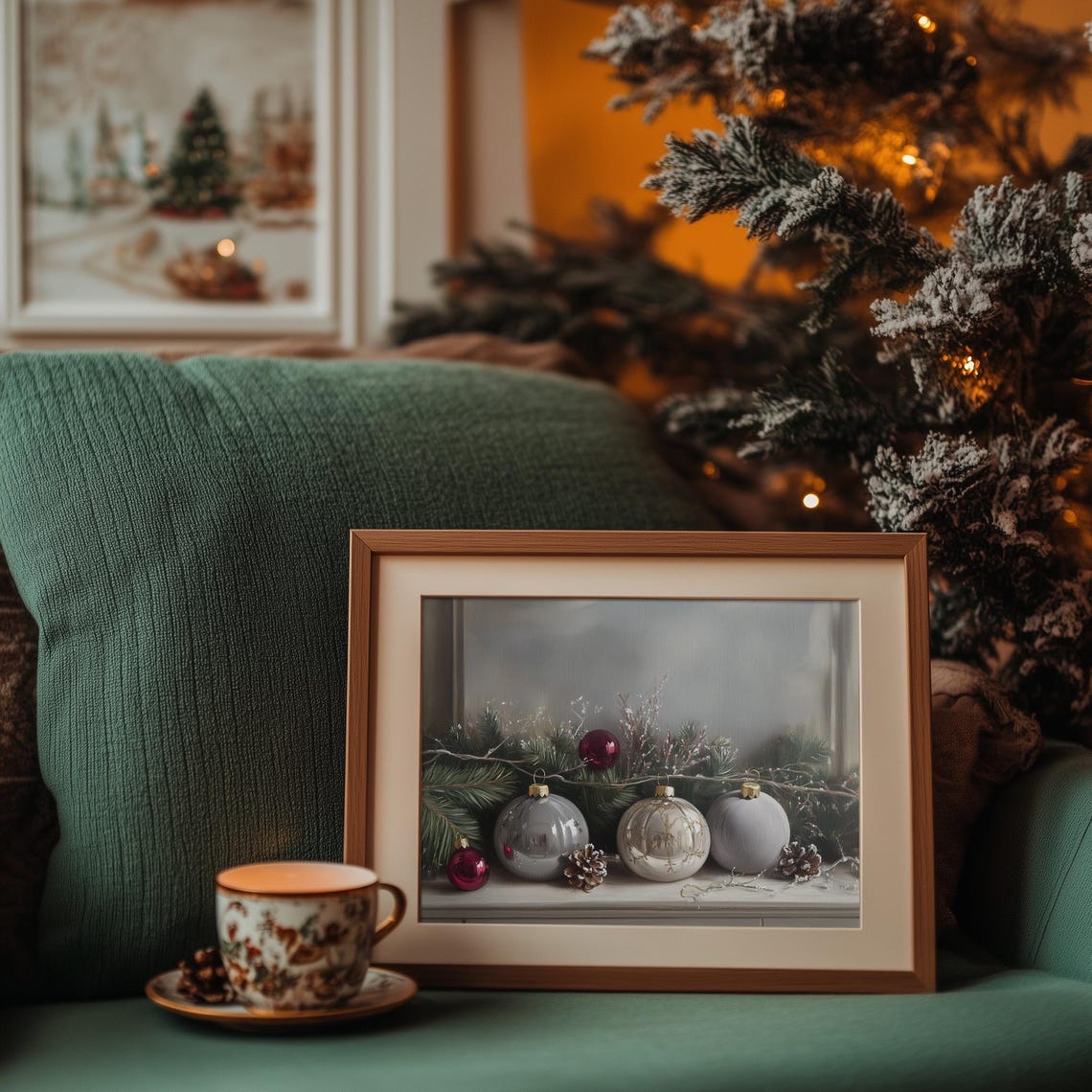 Gray White Christmas Baubles Pine Moody Winter Holiday Wall Print - Image 3