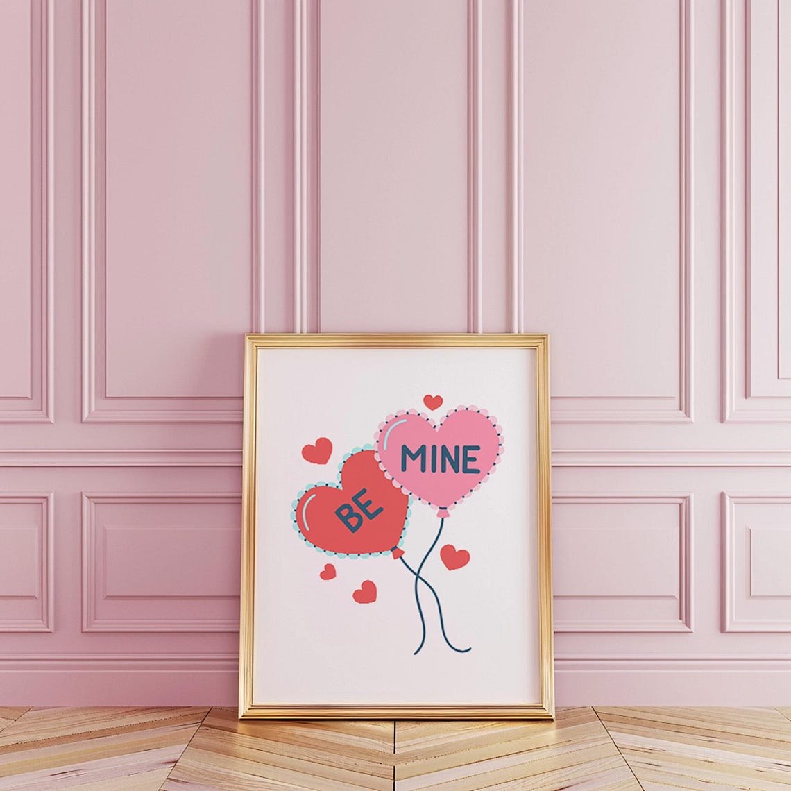 Be Mine Heart Balloons Red Pink Cute Valentine Love Art Poster - Image 4