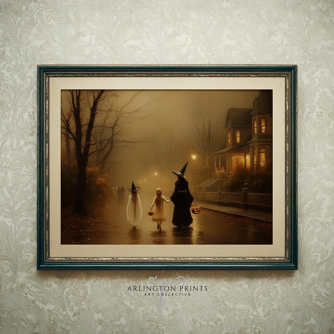 Trick or Treat Vintage Witches Painting Foggy Autumn Night Poster