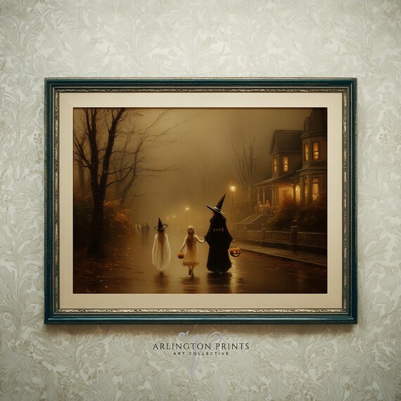 Trick Or Treat Halloween Wall Art Vintage Witches Painting Autumn Night Porch Scene Spooky Artwork 631