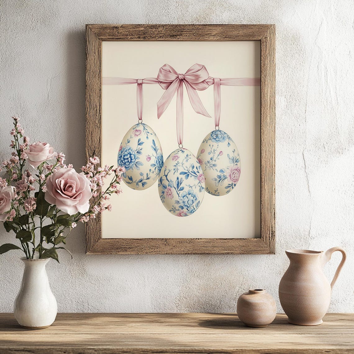 Hanging Blue Floral Easter Eggs Pink Ribbon Bow Spring Poster - Image 4