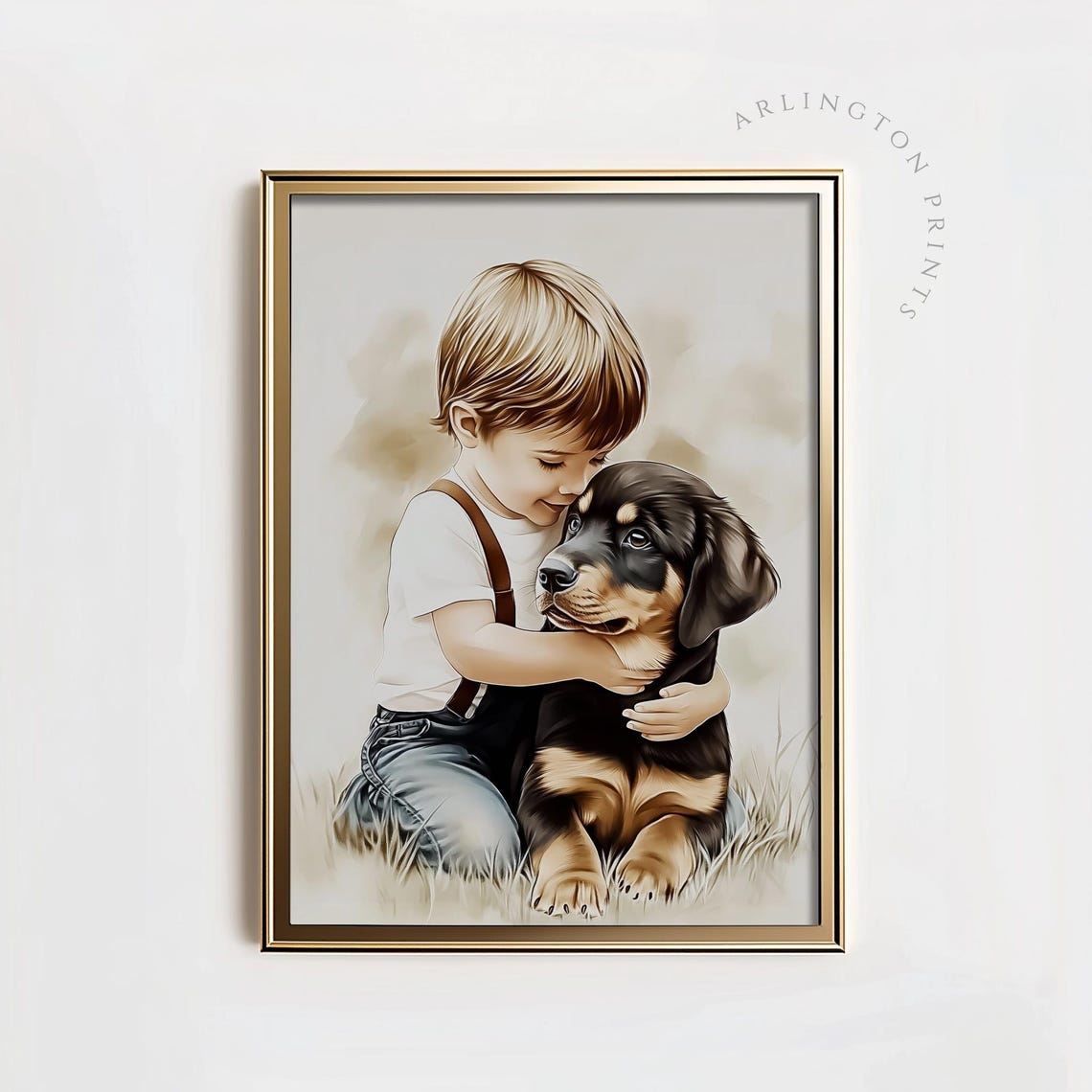 Vintage Nursery Art Print Boy And A Dog Painting Rottweiler Dog Art Farmhouse Decor Dog Drawing Country Art 605