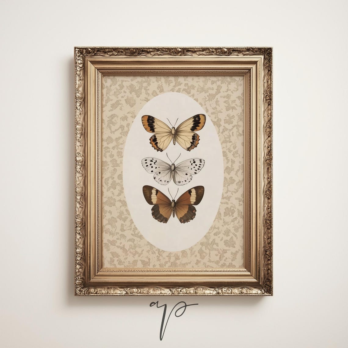 Three Vintage Butterflies in Oval Medallion Beige Botanical Art Print