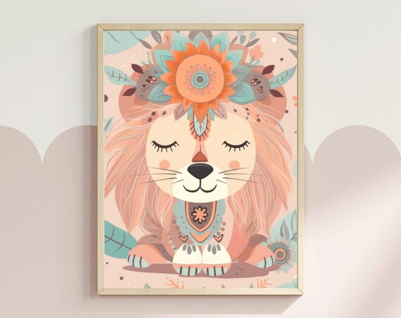 Cute Boho Sleeping Lion With Flower Crown Kids Nursery Art Poster