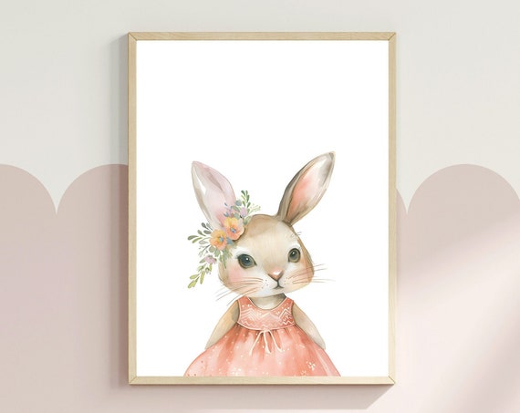 Cute Easter Bunny Art Flower Crown Bunny Print Watercolour Rabbit Art Bunny Nursery Decor Girls Room Wall Art