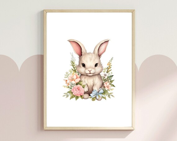 White Bunny With Pink Flowers And Blue Bow Watercolor Nursery Poster